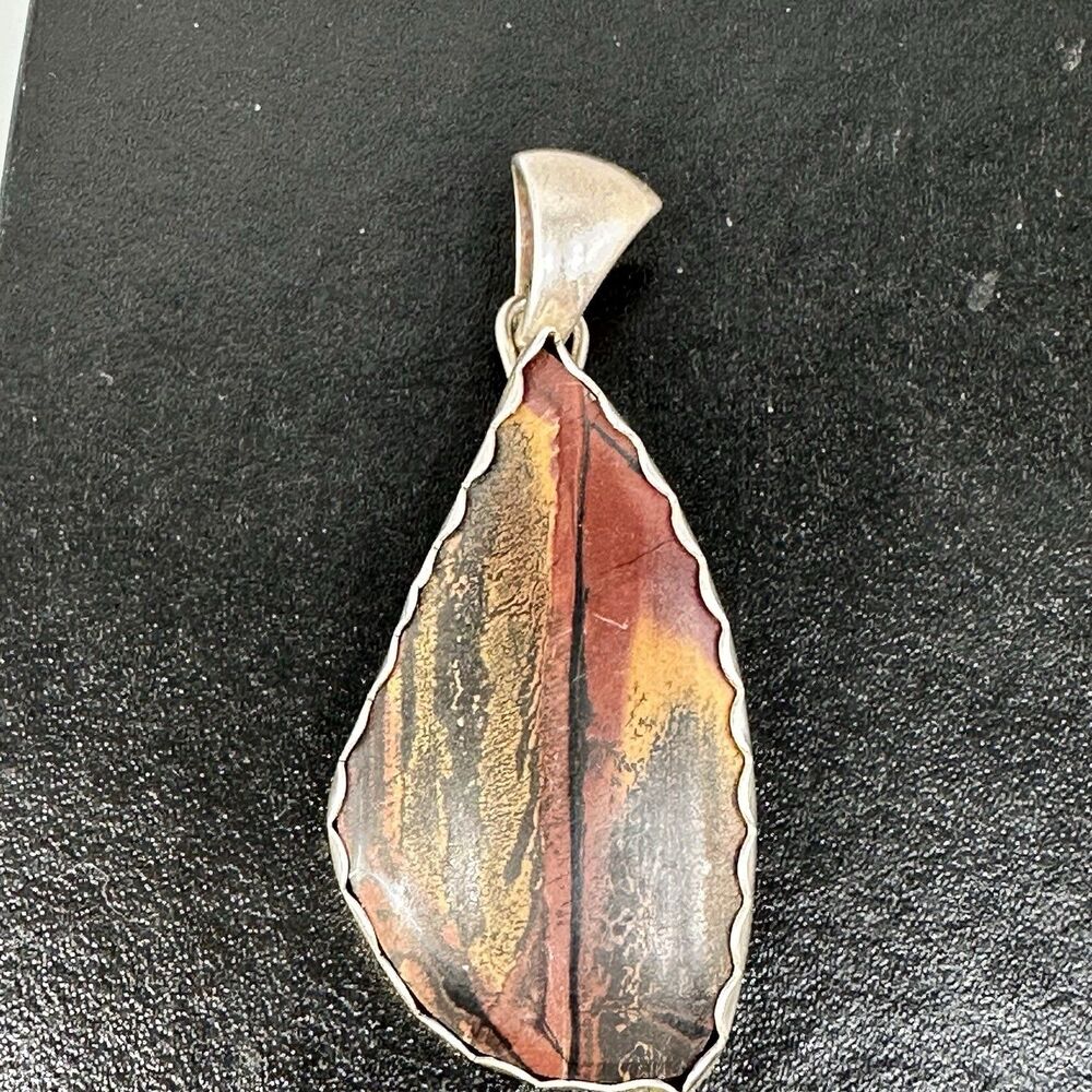 925 Silver Red Black Tan Jasper Pendant Artisan Made HB 2”